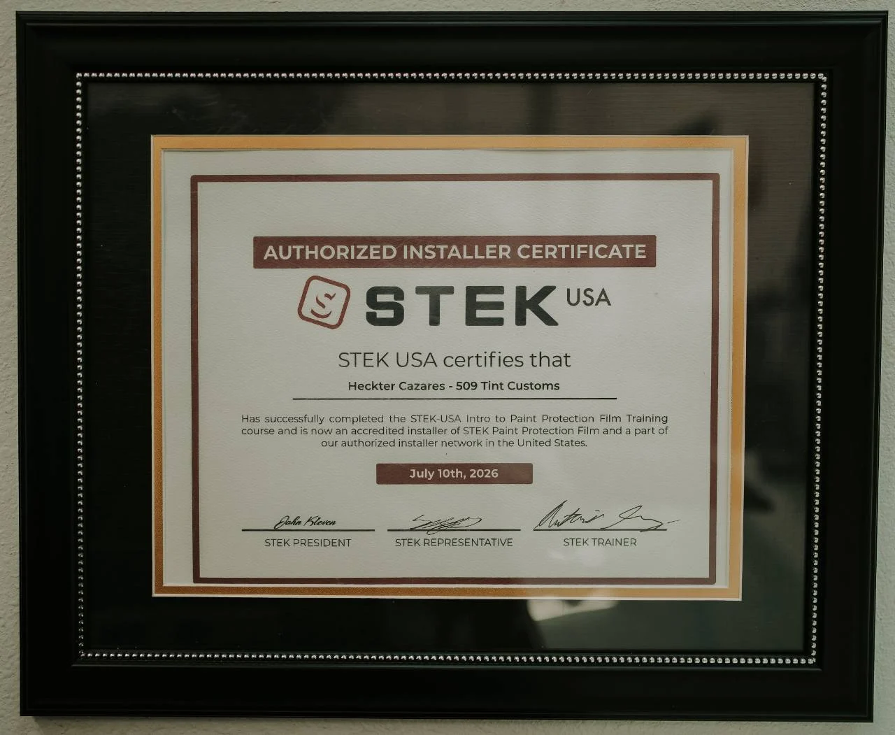 Actual STEK USA Authorized Installer Certificate for 509 Tint Customs